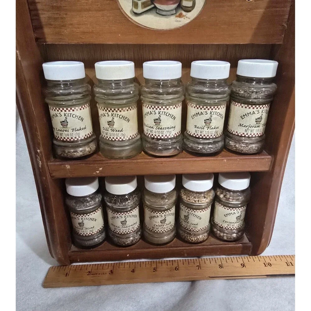Vintage Emma's Kitchen Wooden Spice Rack 2 Tier Wall Mount 10 Glass Jars MCM